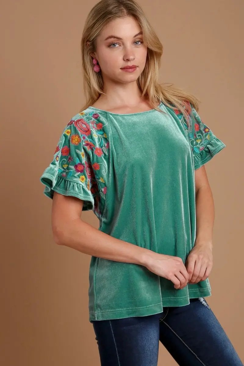 Umgee Velvet Embroidery Short Sleeve Blouse for Women - Love Salve